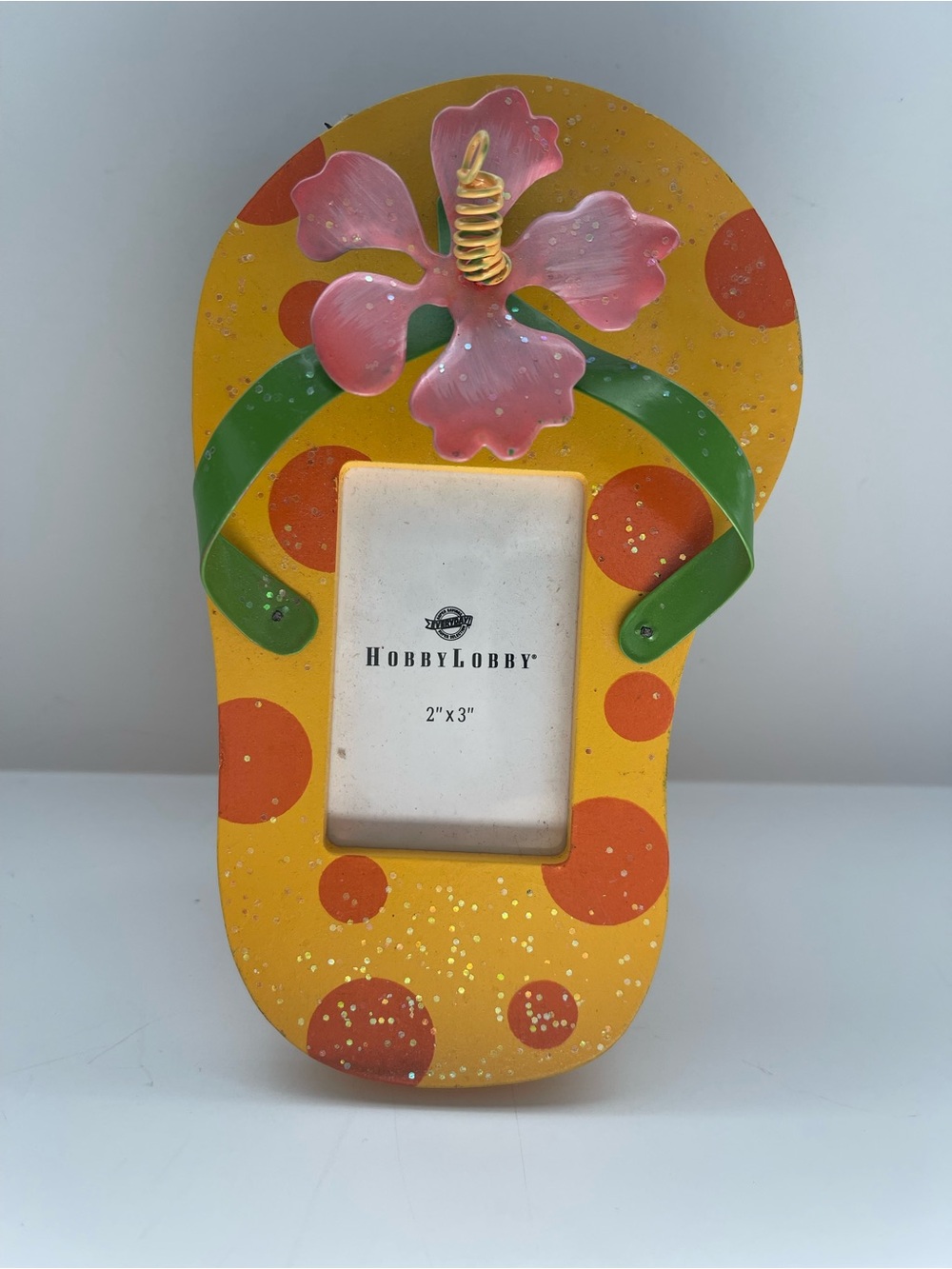 Hobby Lobby Yellow and Orange Polka-Dot Flip-Flop Frame with Pink Flower